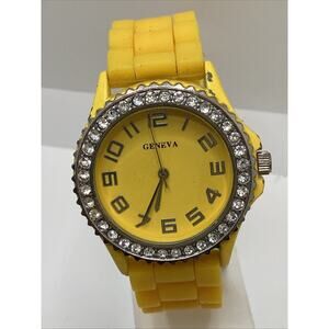 Geneva Womens Yellow Tone Rhinestone Rubber Band Fashion Watch New Battery!